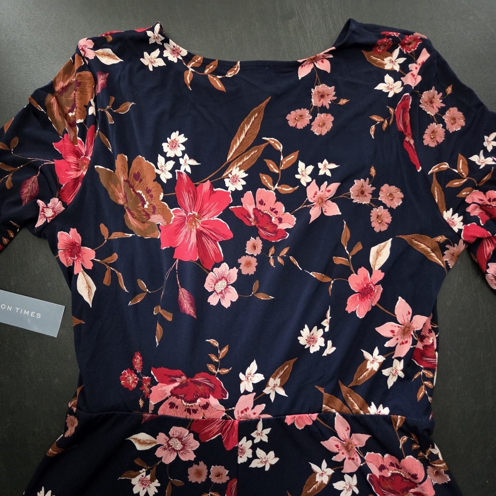 NWT-London Times Navy/Red Floral Elbow Sleeve Side Tie Fit & Flare Midi Dress-14 - Picture 16 of 16